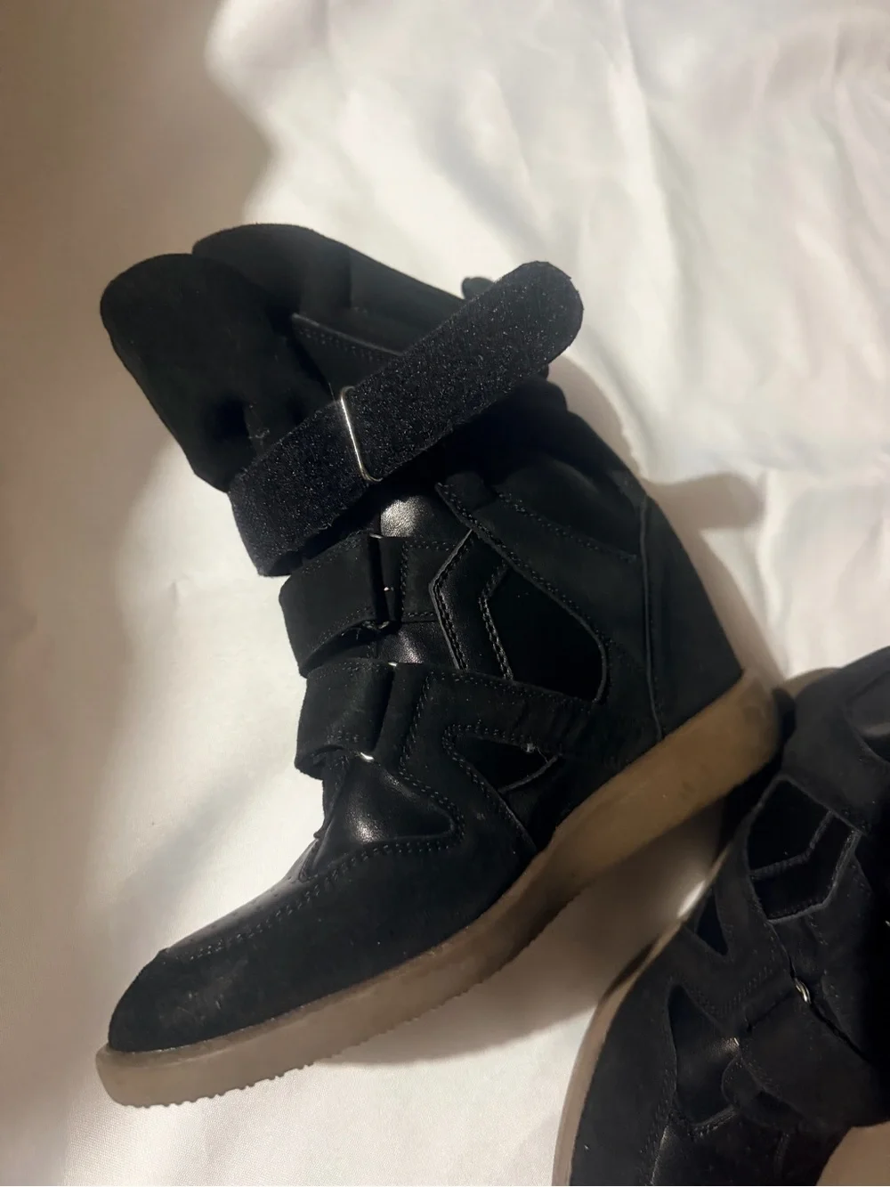 Black Suede Wedge High-Top Sneaker Boots with Velcro Straps